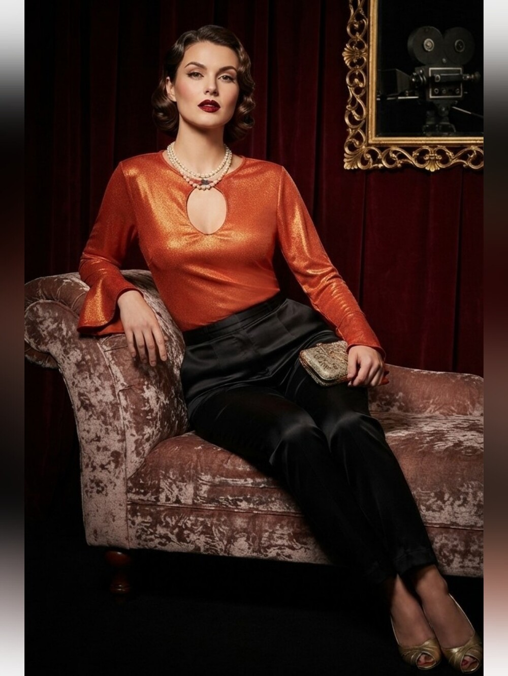 Fredricks Of Hollywood Vintage Shimmering Orange Long Sleeve Top Size Large 90's